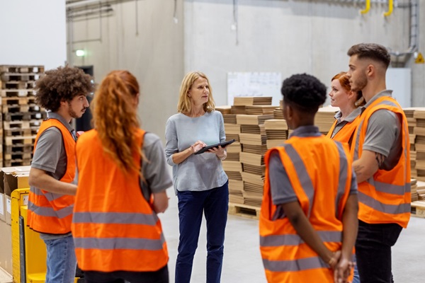 En leder står foran sine varehusmedarbejdere