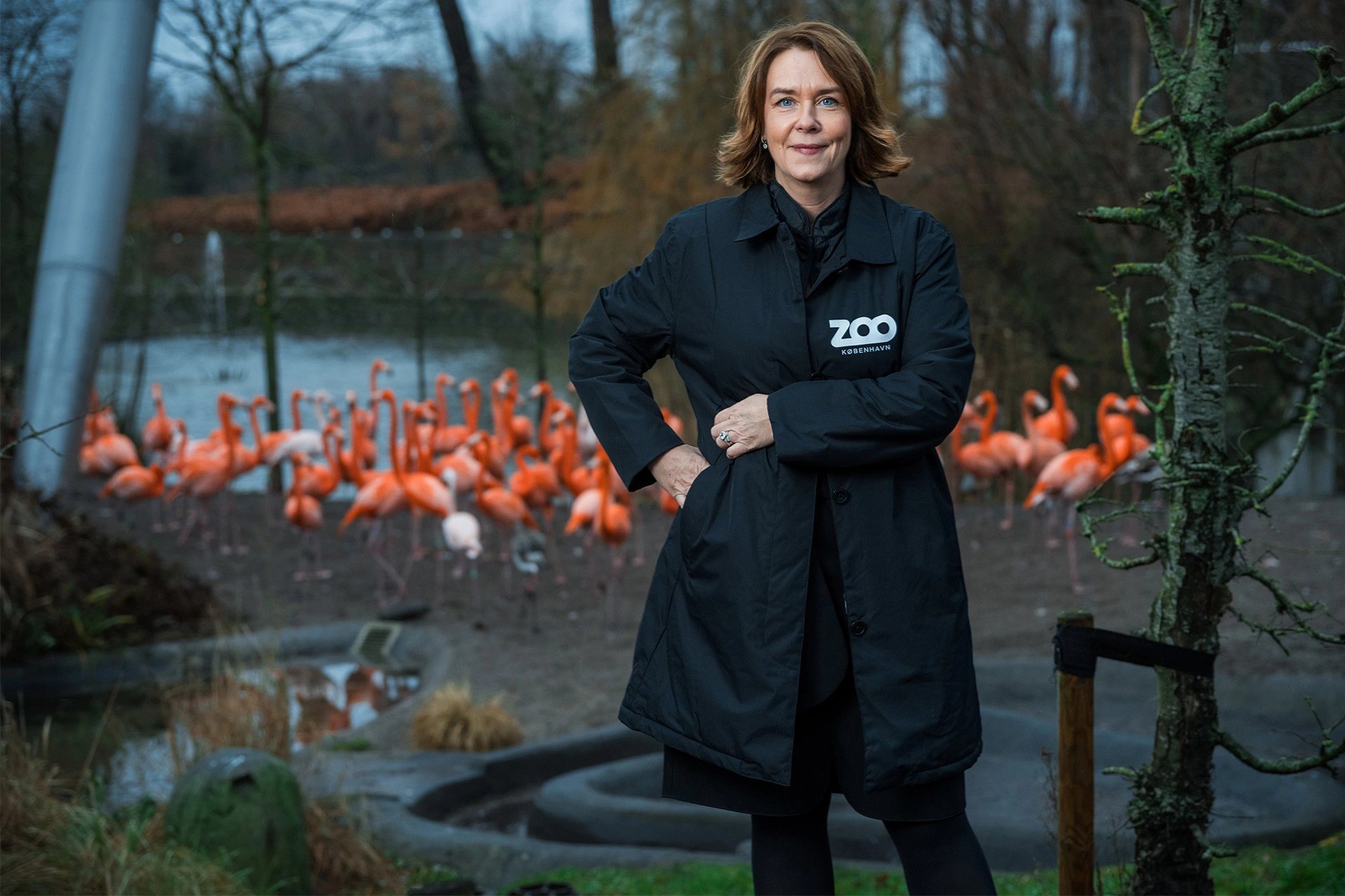 Pernille Mehl står foran en masse flamingoer