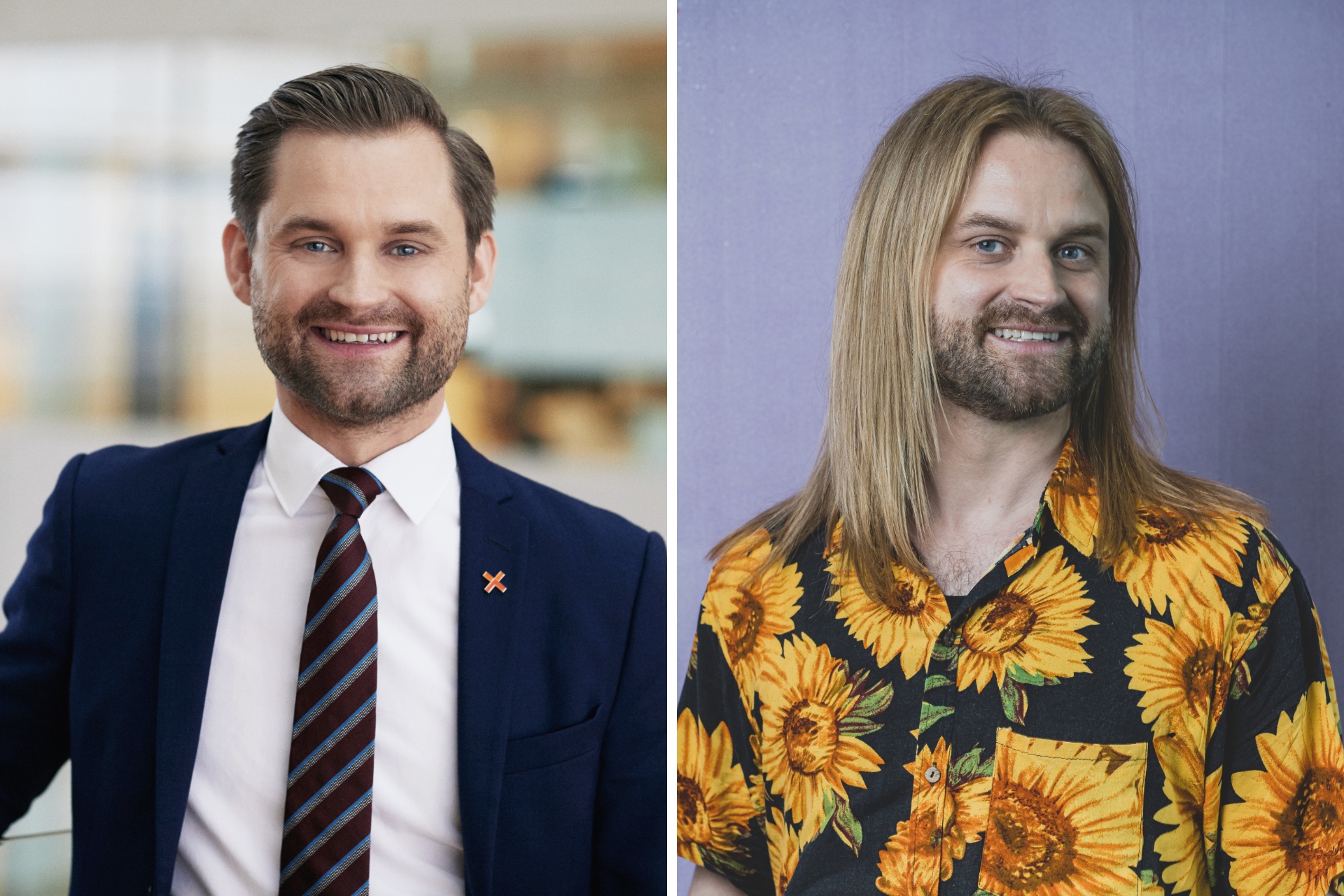 Sune Malthe-Thagaard før og efter billede. Til venstre har han jakkesæt på og vandkæmmet hår, til højre har han blomstret skjorte på og langt hår