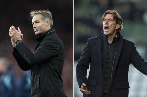 Et splitbillede af Hjulmand og Frank, der giver feedback i en kamp