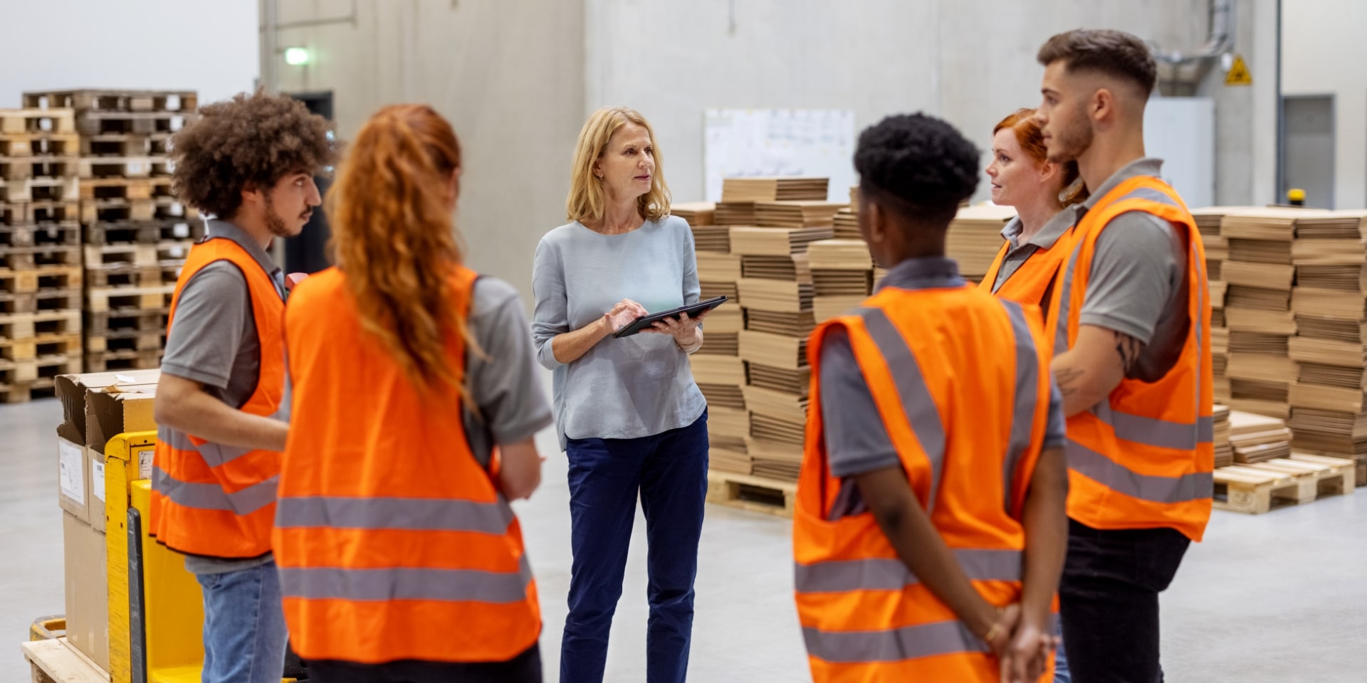 En leder står foran sine varehusmedarbejdere