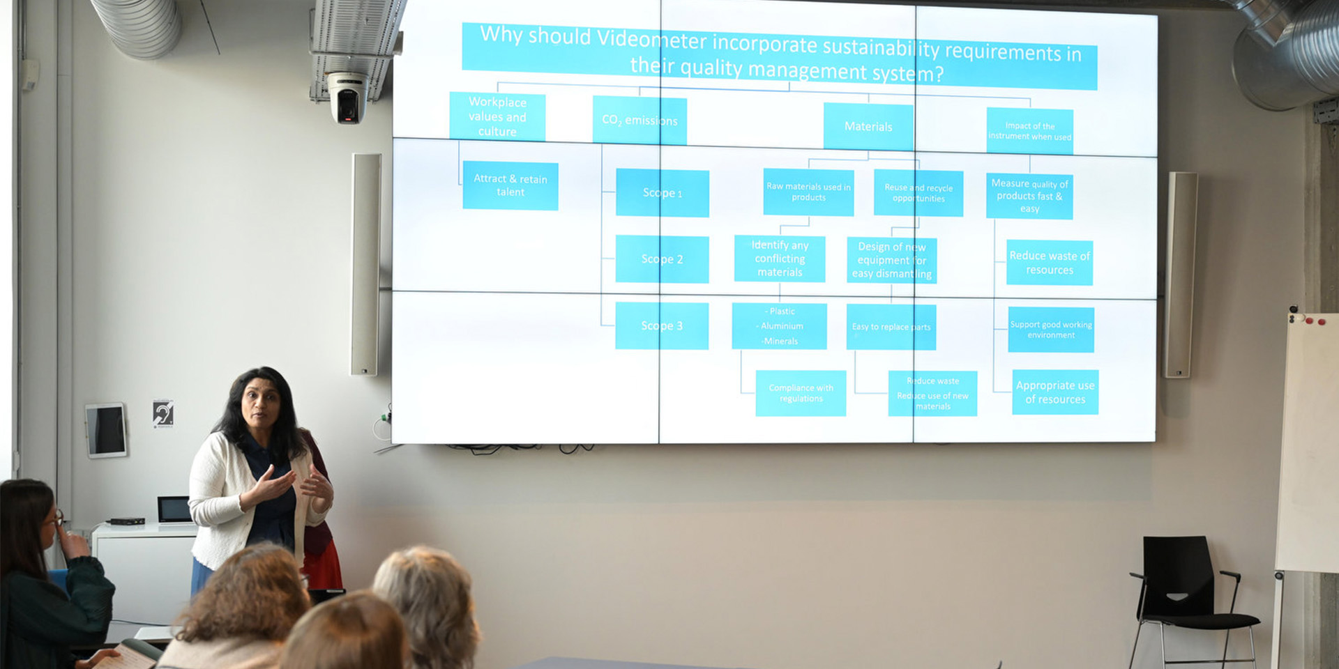 Shahida Hamid taler til et kursus med en storskærm bag sig