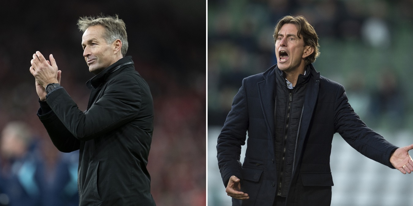 Et splitbillede af Hjulmand og Frank, der giver feedback i en kamp